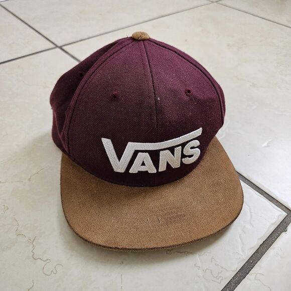VANS Baseball Cap Suede Bill Brown And Maroon Snapback Adjustable Logo Text - Picture 2 of 8